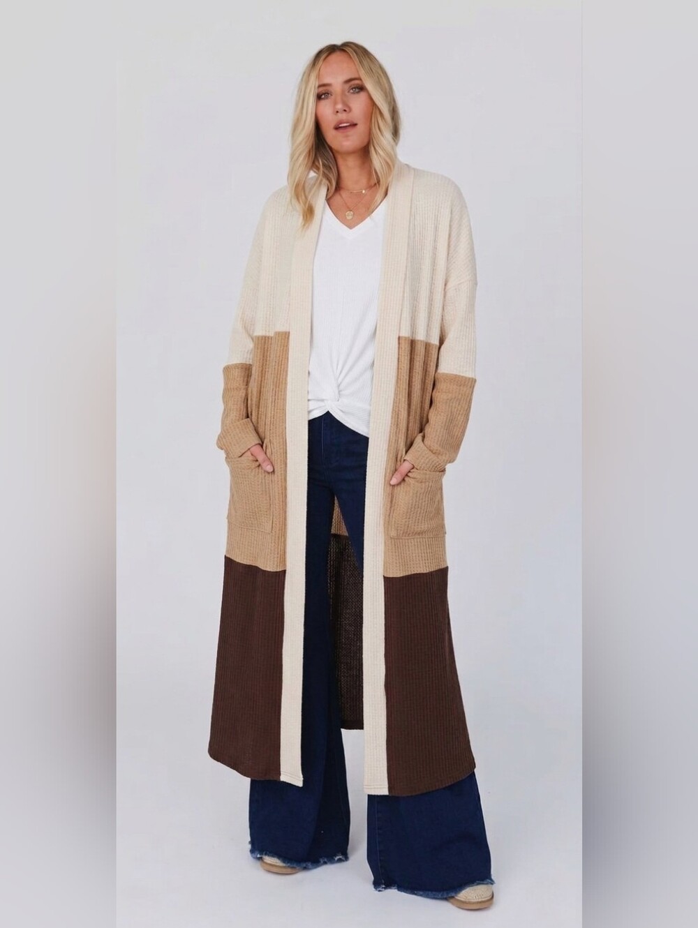 Three Bird Nest Boho Nuetral Waffle Knit Duster Cardigan Size Small